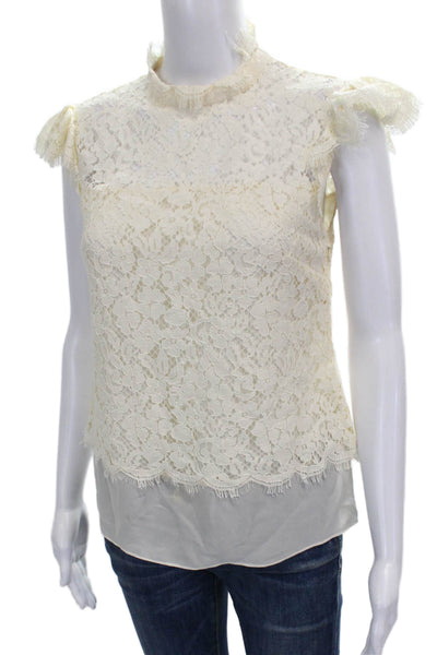 Rachel Zoe Women Blouse Ivory Rayon High Neck Floral Short Sleeve Size 0