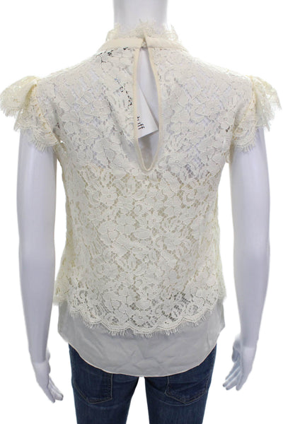 Rachel Zoe Women Blouse Ivory Rayon High Neck Floral Short Sleeve Size 0