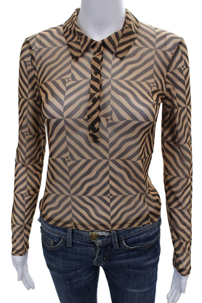 Zara Women Basic Mesh Collared Geometric Long Sleeve Blouse Beige Size S