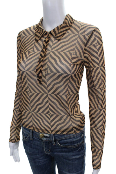 Zara Women Basic Mesh Collared Geometric Long Sleeve Blouse Beige Size S