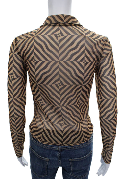 Zara Women Basic Mesh Collared Geometric Long Sleeve Blouse Beige Size S
