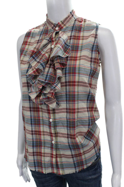 NSF Womens Sleeveless Plaid Cotton Collared Button Multicolor Blouse Size S