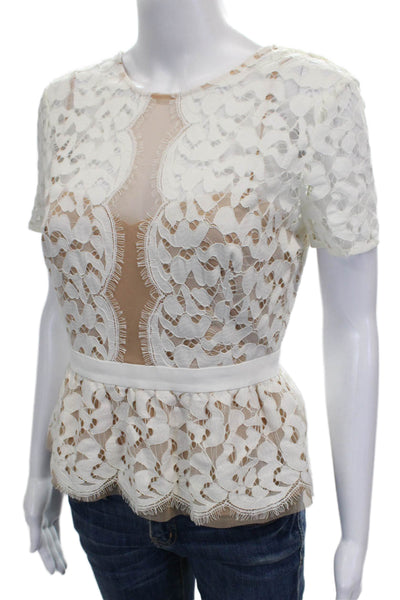 BCBGMAXAZRIA Women White Nylon Short Sleeve Round Neck Zip Blouse Size XS