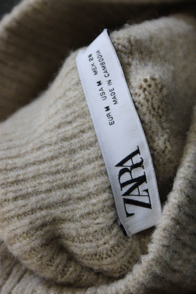 Zara Womens Pullover Sweater High Neck Striped Beige Long Sleeve Acrylic Size M