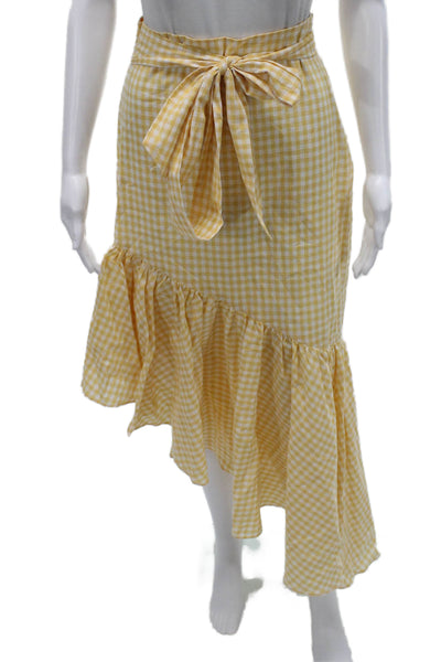 LPA Women Yellow Check Wrap Midi Skirt Cotton Tie Closure Size XS