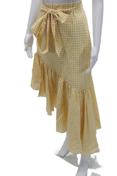 LPA Women Yellow Check Wrap Midi Skirt Cotton Tie Closure Size XS