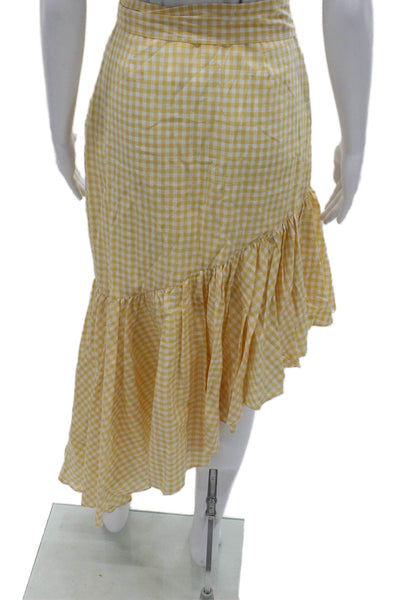 LPA Women Yellow Check Wrap Midi Skirt Cotton Tie Closure Size XS