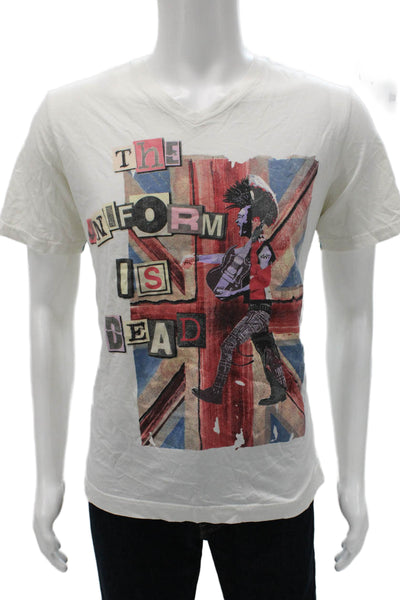 Robert Graham Mens T-Shirt White V-Neck Graphic Punk Cotton Short Sleeve Size L