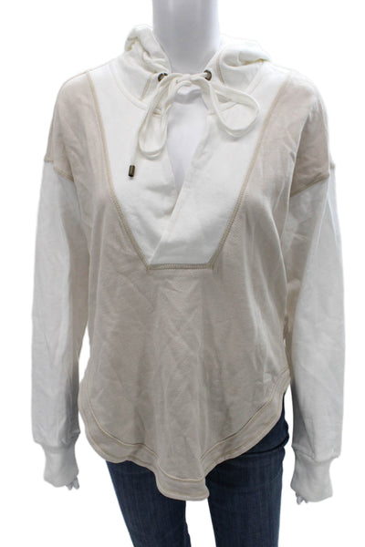 Pilcro Anthropologie Womens Pullover Hoodie Beige V-Neck Colorblock Size XS