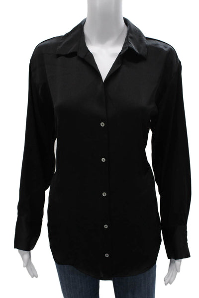 Zara Womens Basic Button-Up Black Polyester Collared Long Sleeve Top Size M
