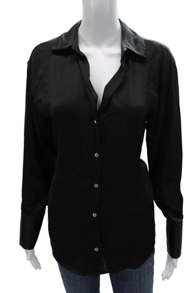 Zara Womens Collared Long Sleeve Basic Button-Up Black Polyester Top Size S