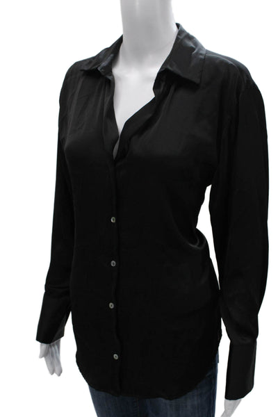 Zara Womens Collared Long Sleeve Basic Button-Up Black Polyester Top Size S