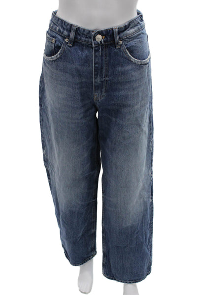 Zara Women Wide-Leg Blue Cotton Jeans High Rise Zip Fly Inseam 28 Size 6