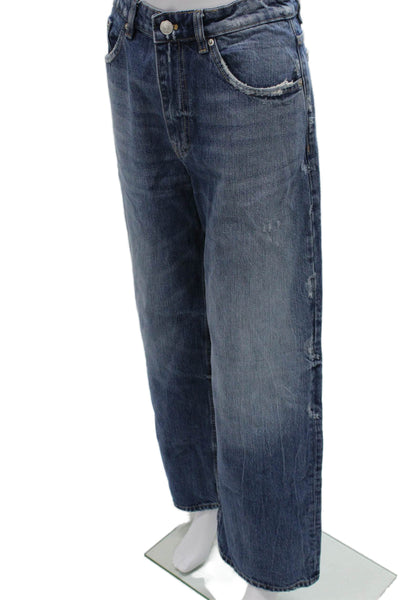 Zara Women Wide-Leg Blue Cotton Jeans High Rise Zip Fly Inseam 28 Size 6