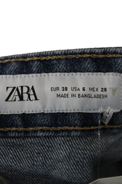 Zara Women Wide-Leg Blue Cotton Jeans High Rise Zip Fly Inseam 28 Size 6