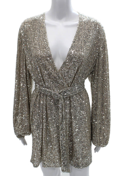 Zara Women Wrap Dress Silver V Neck Long Sleeve Above Knee Size XS