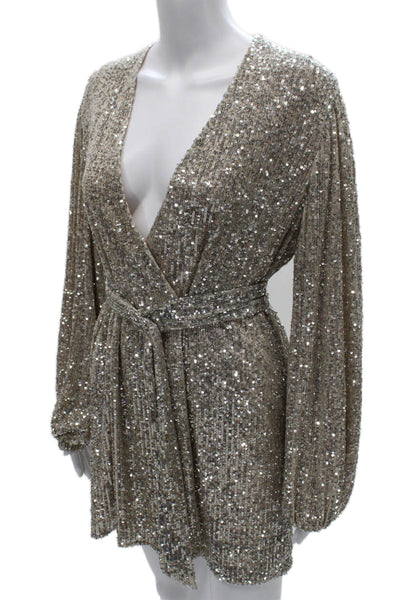 Zara Women Wrap Dress Silver V Neck Long Sleeve Above Knee Size XS