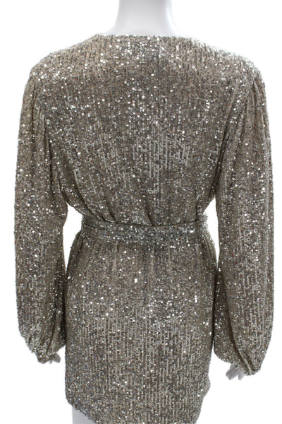 Zara Women Wrap Dress Silver V Neck Long Sleeve Above Knee Size XS