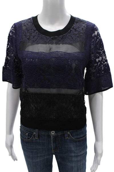 Rebecca Taylor Womens Silk Floral Short Sleeve Blouse Round Neck Blue Size 4