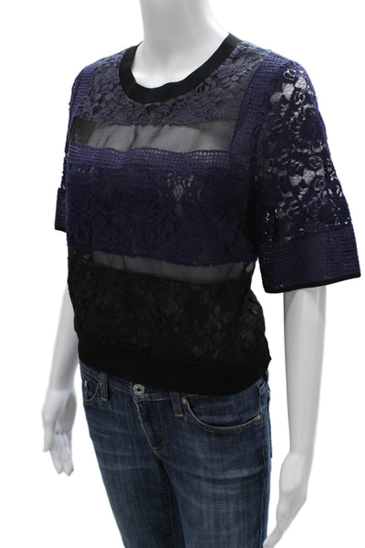 Rebecca Taylor Womens Silk Floral Short Sleeve Blouse Round Neck Blue Size 4