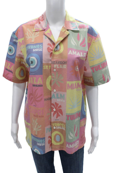 Zara Unisex Adults Basic Multicolor Geometric Collared Button-Up Top Size S