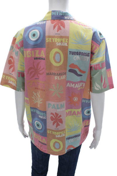 Zara Unisex Adults Basic Multicolor Geometric Collared Button-Up Top Size S