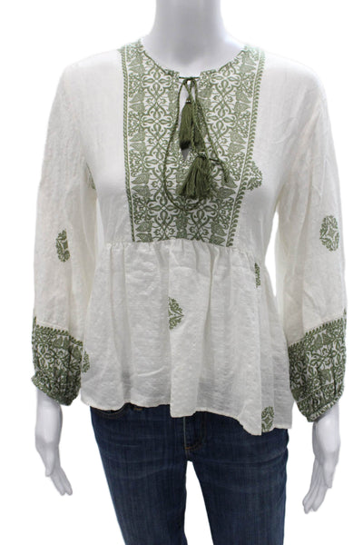 Zara Women White Cotton Round Neck Long Sleeve Blouse Tie Geometric Size XS