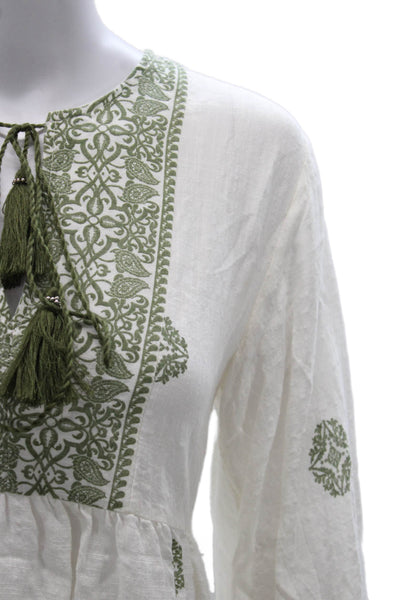 Zara Women White Cotton Round Neck Long Sleeve Blouse Tie Geometric Size XS