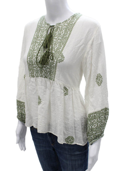 Zara Women White Cotton Round Neck Long Sleeve Blouse Tie Geometric Size XS