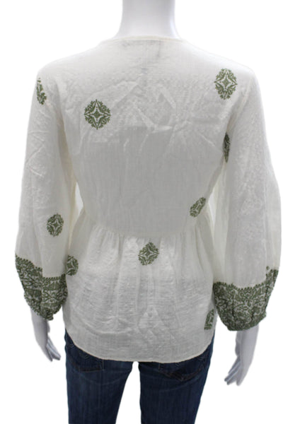 Zara Women White Cotton Round Neck Long Sleeve Blouse Tie Geometric Size XS