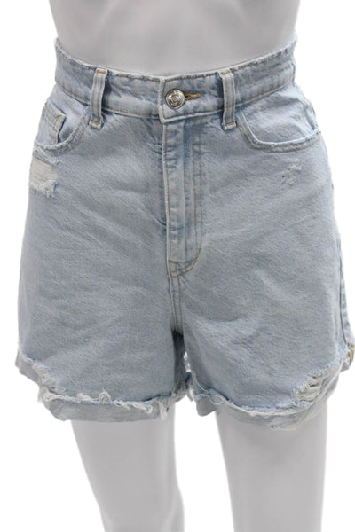 Zara Womens Mom Shorts Blue Cotton Button Solid Size 4
