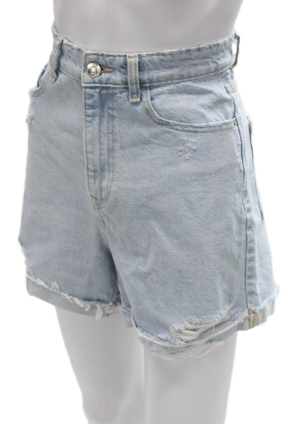 Zara Womens Mom Shorts Blue Cotton Button Solid Size 4