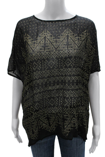 Mes Demoiselles Womens Tunic Blouse Black Geometric Short Sleeve Size 38