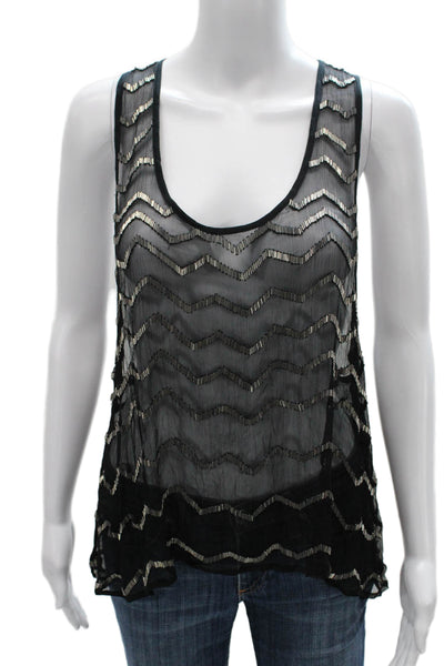 Chan Luu Women Basic Viscose Scoop Neck Geometric Tank Black Size M