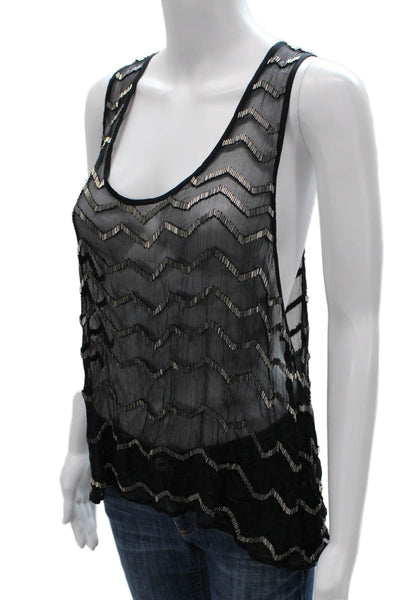 Chan Luu Women Basic Viscose Scoop Neck Geometric Tank Black Size M