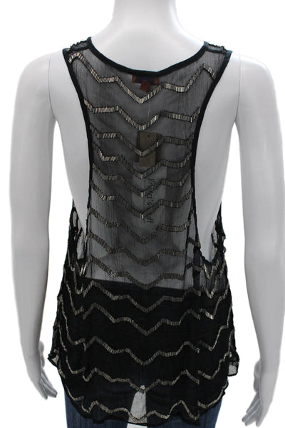 Chan Luu Women Basic Viscose Scoop Neck Geometric Tank Black Size M