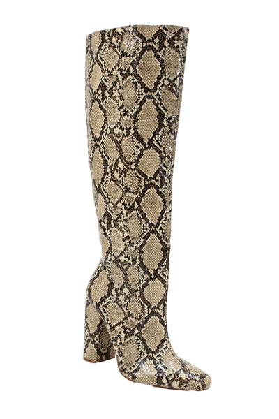 Zara Womens Side Zip Block Heel Snake Printed Knee High Boots Brown Size 40