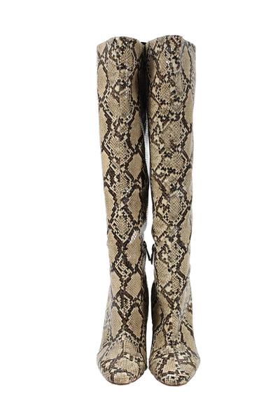 Zara Womens Side Zip Block Heel Snake Printed Knee High Boots Brown Size 40