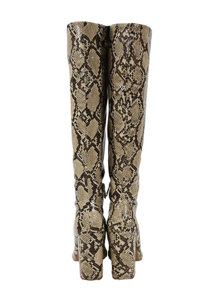 Zara Womens Side Zip Block Heel Snake Printed Knee High Boots Brown Size 40