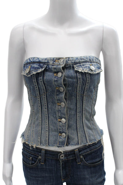 Zara Women Corset Top Blue Cotton Strapless Button Solid Size S