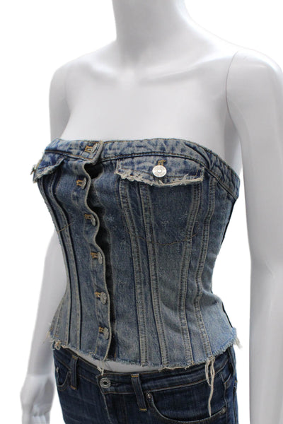 Zara Women Corset Top Blue Cotton Strapless Button Solid Size S
