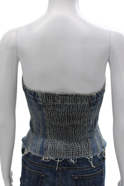 Zara Women Corset Top Blue Cotton Strapless Button Solid Size S