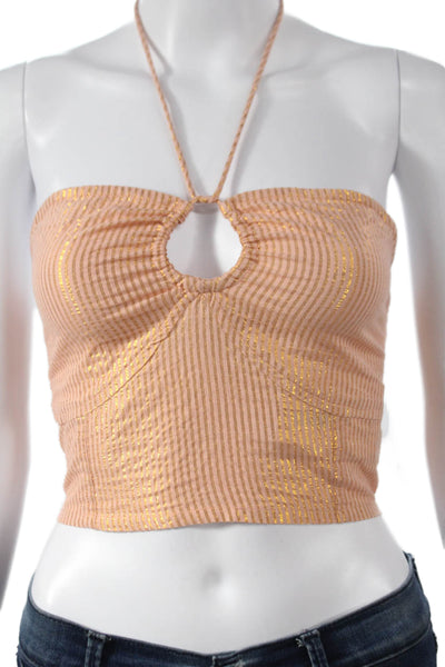 Jens Pirate Booty Women Cropped Tank Halter Tie Striped Pink Cotton Size XS