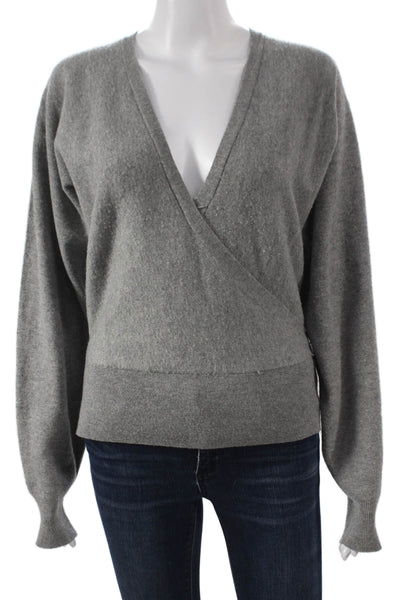 Theory Women Wrap Merino Wool V Neck Long Sleeve Petite Sweater Gray Size S
