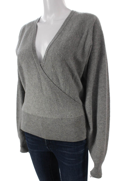 Theory Women Wrap Merino Wool V Neck Long Sleeve Petite Sweater Gray Size S