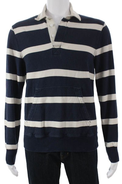 J Crew Mens Collared Pullover Sweatshirt Striped Blue Cotton Long Sleeve Size S