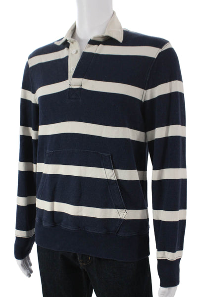 J Crew Mens Collared Pullover Sweatshirt Striped Blue Cotton Long Sleeve Size S