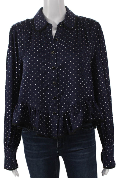 Maeve Anthropologie Women Blue Polka Dot Viscose Long Sleeve Blouse Size S