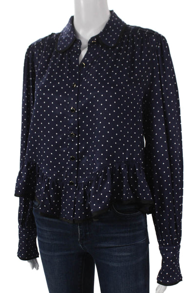 Maeve Anthropologie Women Blue Polka Dot Viscose Long Sleeve Blouse Size S