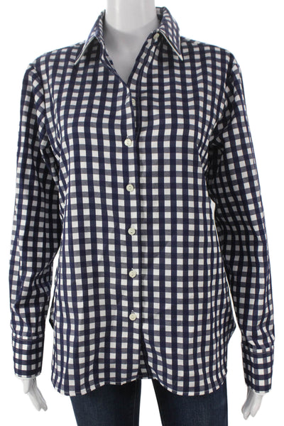 Hinson Wu Women Basic Blue Cotton Collared Check Long Sleeve Button-Up Size S